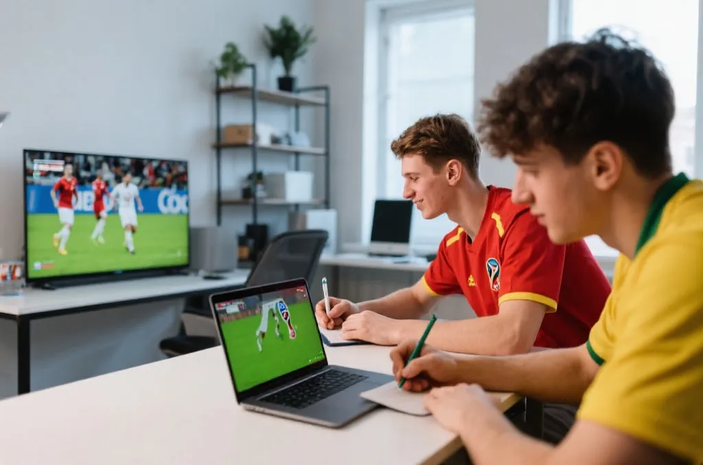 年轻球迷在笔记本前观看世界杯精彩回放并做笔记