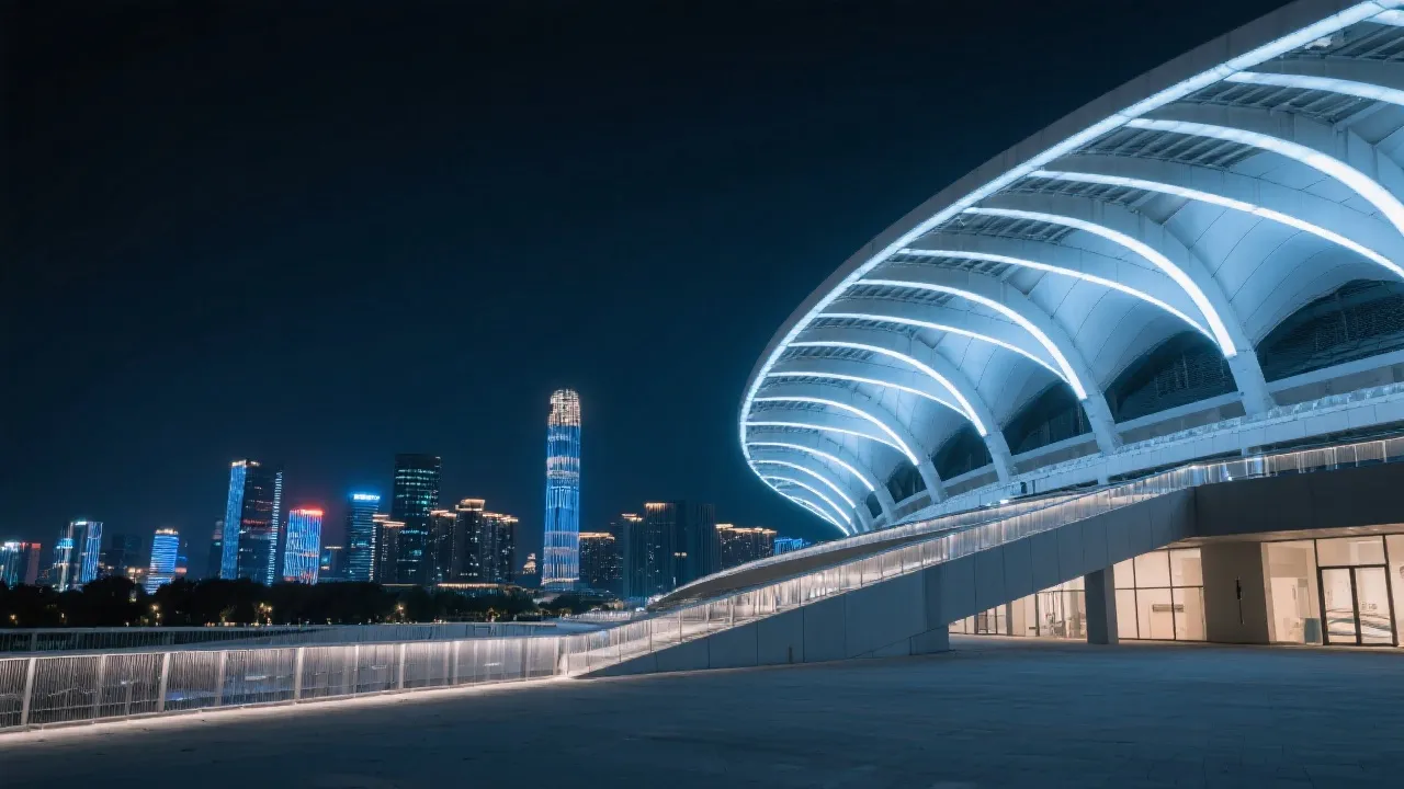 夜幕下的现代世界杯比赛场馆外观,屋顶结构与城市天际线相互呼应