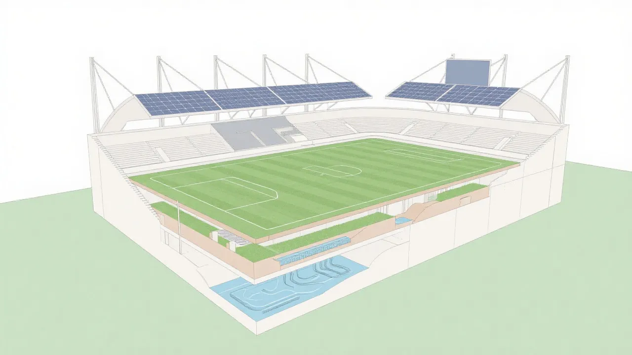 体育场剖面示意风格画面:屋顶开合、草皮层与能源系统的可持续策略