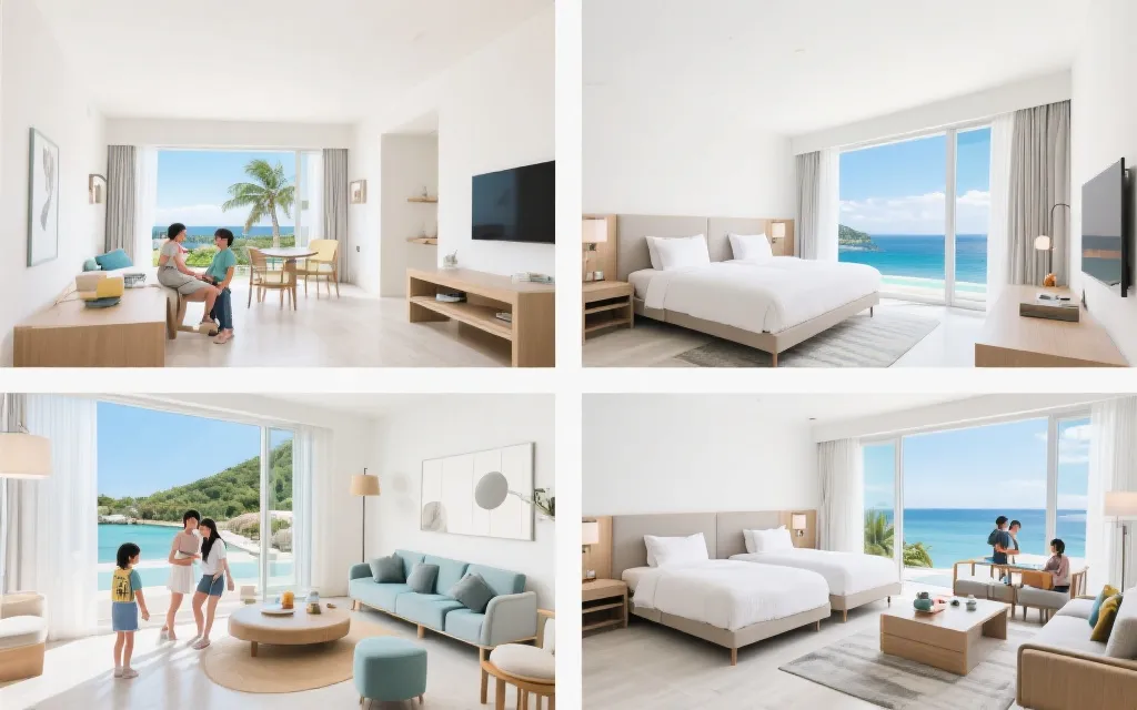 度假酒店房间分区示意:家庭房、景观房与多床房的对比,温暖灯光与网页风格布局