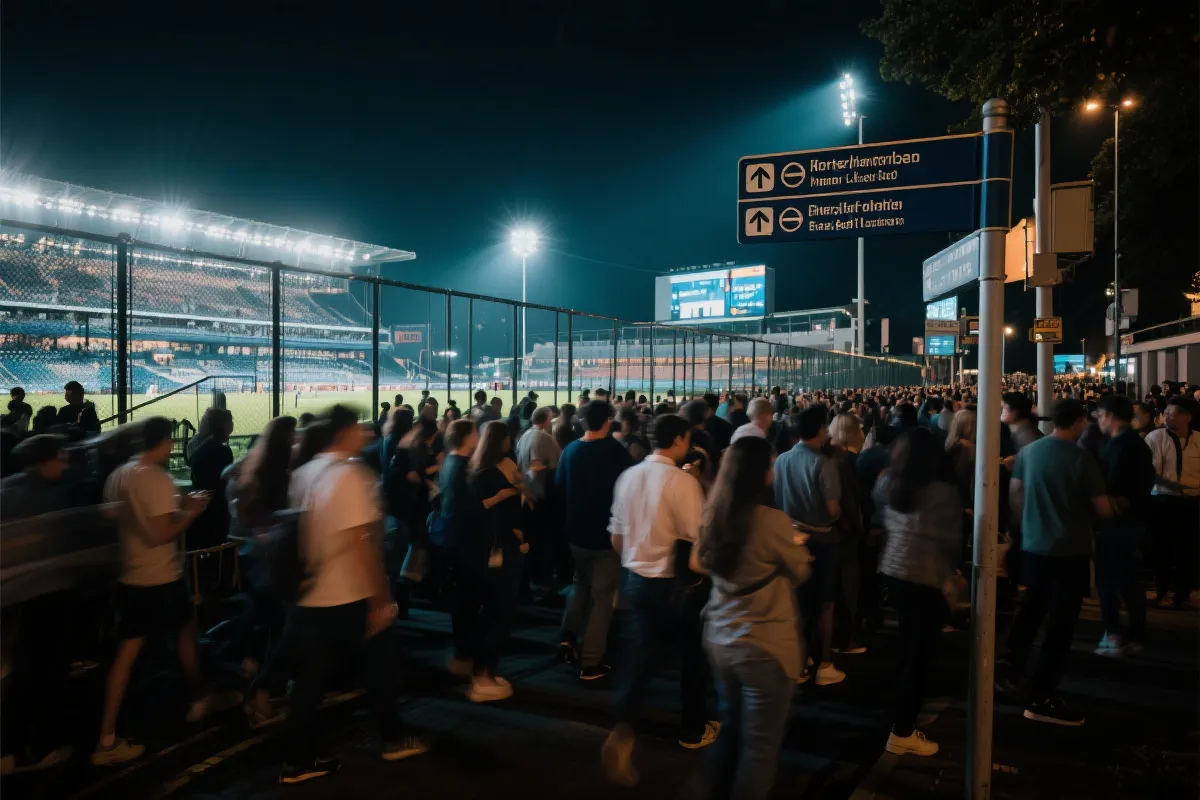 比赛日球场外人流与公共交通指引牌，夜间灯光氛围