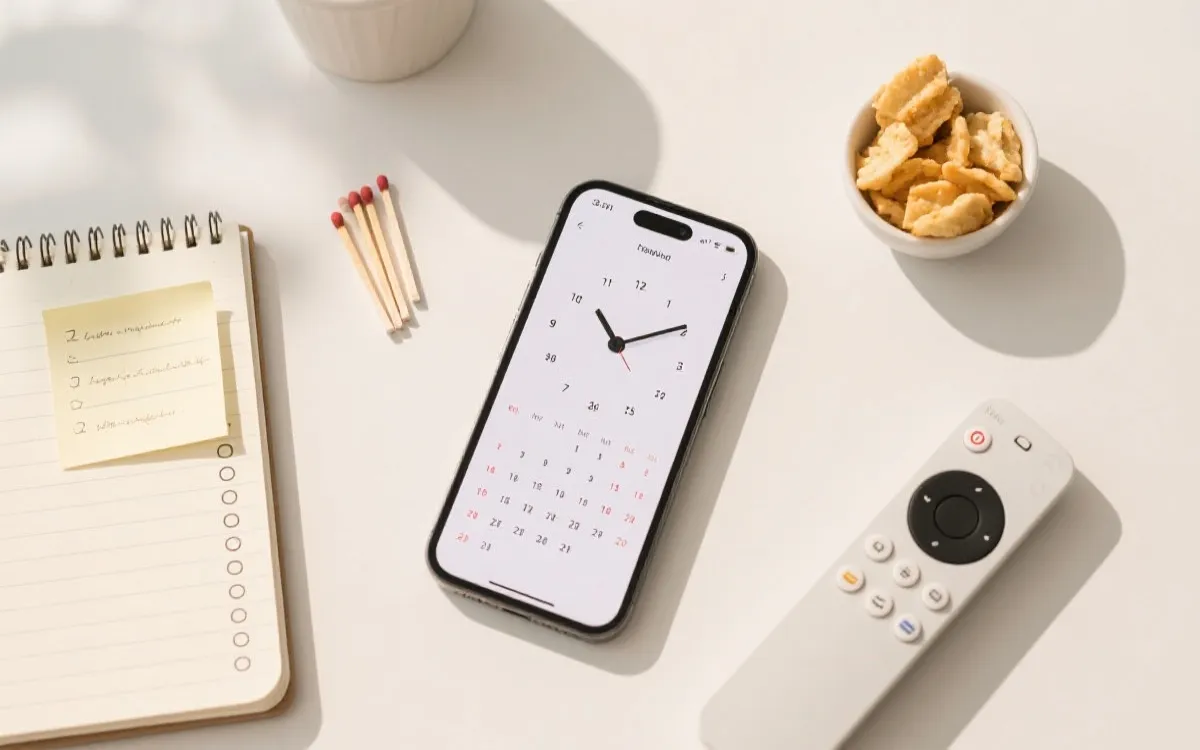 跨时区换算与日历提醒：手机日历、世界时钟与比赛笔记本的静物