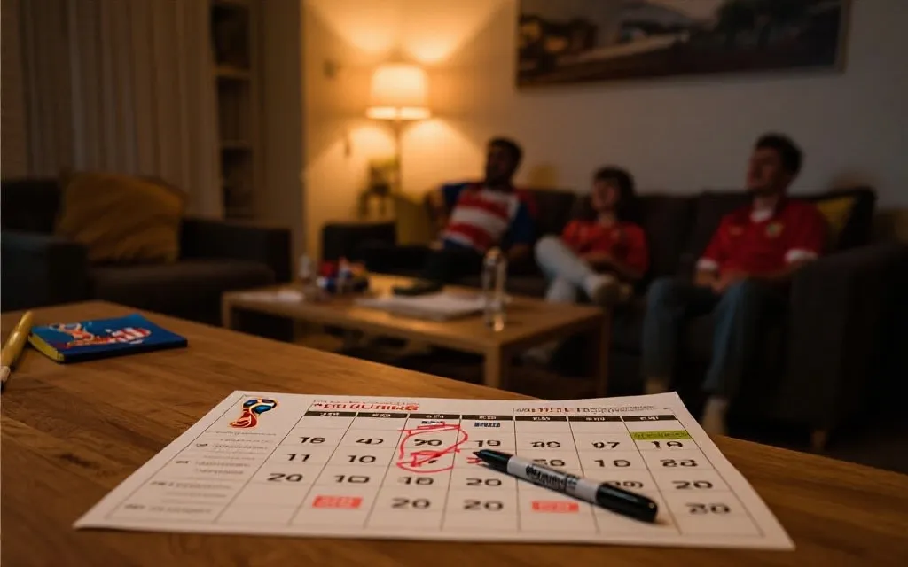 球迷在客厅看世界杯淘汰赛，桌上有赛程表与笔记的温暖场景